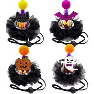 Halloween pet hats featuring pumpkin bat and ghost motifs with adjustable elastic straps