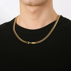 Mens golden hip hop cuban link necklace in stainless steel with engravable id tag
