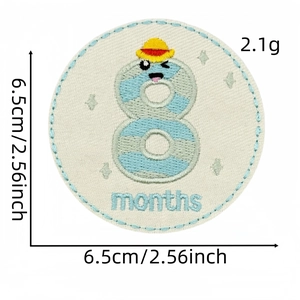 Detail view of 6.5cm round 8 months baby milestone embroidery patch with size labels