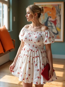Detail of red cherry print dress with puff sleeves and elastic waist smocking