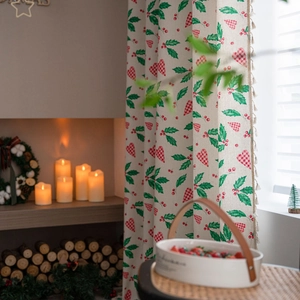 Christmas kitchen curtain with red heart patterns and green holly leaves with tassel edge