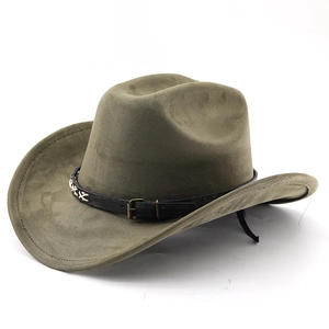 Detailed view of wide-brimmed suede cowboy hat with black leather belt and white stitching