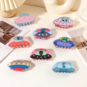Cartoon UFO Alien Hair Claw Clip Quirky Space Theme Acrylic PVC Hair Clamps For Women Unique Headdress Accessories