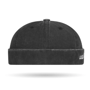 Retro black washed canvas docker hat with GOOD VIBES embroidery and brimless design