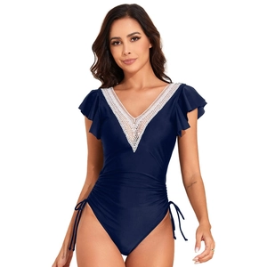 Detail of dark blue one-piece swimsuit with V-neck, lace trim and ruffle cap sleeves