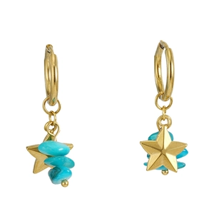 Detailed close-up of 18k gold star earrings with turquoise beads on white background