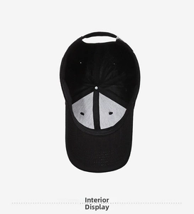 Detail view of the black baseball cap interior with stitching and reinforced crown structure