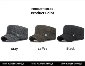Detail showing winter men's caps in grey, brown and black with herringbone texture