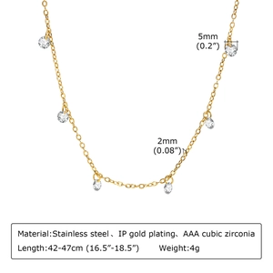Detail of gold stainless steel necklace showing zirconia sizes and 42-47cm length specs