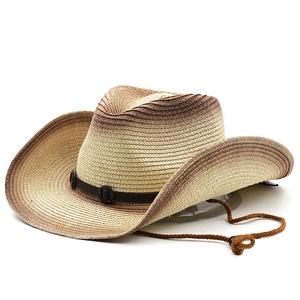 Men's vintage gradient straw cowboy hat with wide brim and adjustable chin strap
