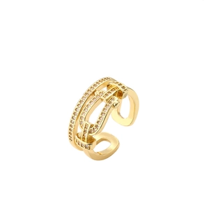 Golden multi-layer open ring with evil eye design and white zircon stones in metallic style