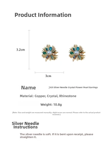 Detailed specs of floral crystal pearl earrings with dimensions 3.2cm by 3cm