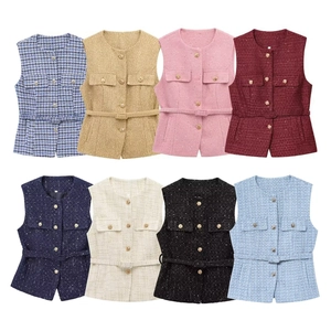 Fashion tweed vest with metal buttons and waist belt in multiple color options