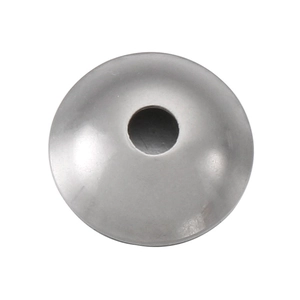 Close-up of a silver stainless steel flying saucer bead with a center hole for DIY jewelry