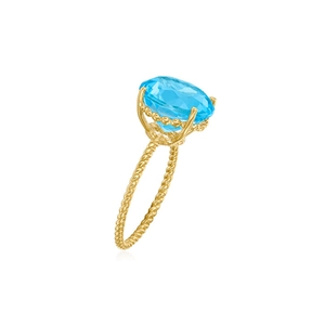 Detailed side view of an oval blue topaz ring with a gold twisted rope band design