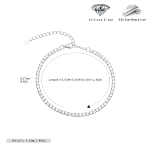 Detail of S925 sterling silver tennis bracelet with 5A grade zircon and extension chain