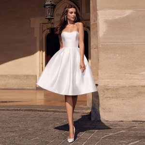 Ivory White Tube Top Satin Wedding Dress Short A-Line Sleeveless Party Cocktail Gown For Women