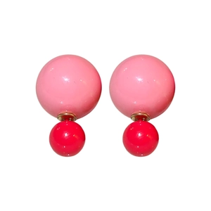 Elegant double-sided spherical stud earrings with glossy pink and red beads in gold finish