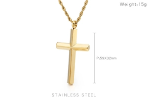 Detail shot of golden cross pendant with 59x32mm dimensions and 15g weight markers