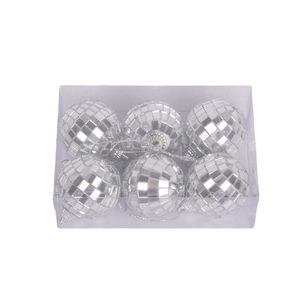 Set of 6 silver disco mirror balls with hanging strings in clear plastic packaging