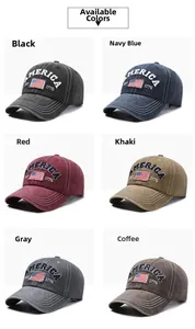 Multi-color vintage washed cotton baseball caps with America embroidery and flag patch