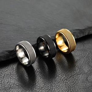 Men's 8mm stainless steel spinner ring with mesh grid texture in gold silver and black