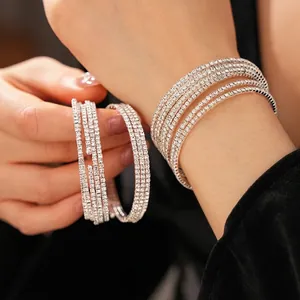 Elegant Multi Layer Spiral Bangle Copper Rhinestone Inlaid Elastic Silver Tone Bracelet Fashion Luxury Jewelry For Women