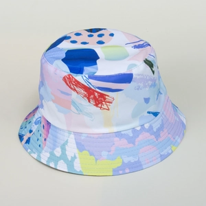 Detail view of colorful graffiti bucket hat with artistic print and reinforced brim stitching