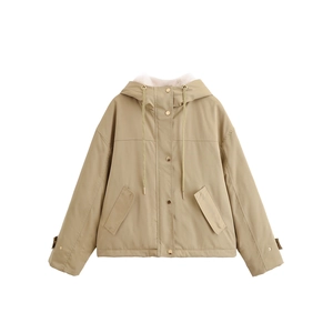 Women Khaki Parka Jacket With Faux Fur Collar Hooded Zip Up Drawstring Short Coat Casual Winter Outerwear