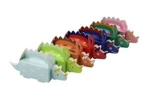 Colorful paper dinosaur candy gift boxes arranged diagonally in seven vibrant colors