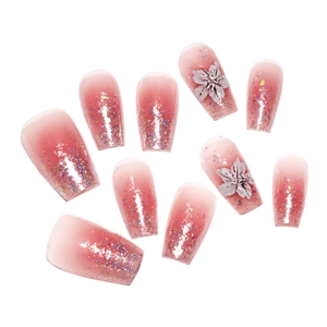 Rosa Ombre Kunstnägel mit Glitzer und geprägten weißen Blumen im 10-teiligen Set