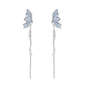 Elegant vintage style silver tassel earrings with light blue crystal butterfly studs