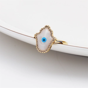 18K gold plated copper Hamsa hand ring with evil eye and white shell insets
