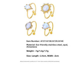 Macro detail of opal and rhinestone rings with stainless steel bands and specifications