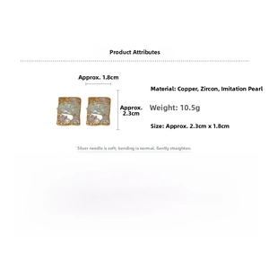 Detailed technical drawing of square gold zircon earrings with size and weight specs