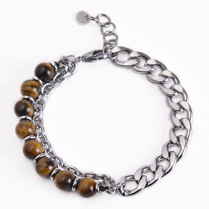 Double Layer Natural Stone Beads Bracelet Stainless Steel Link Chain Adjustable Punk Fashion Jewelry For Men Unisex