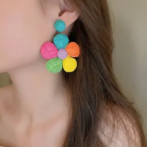Colorful Woven Raffia Flower Earrings With Silver Earring Post Bohemian Summer Vacation Handmade Large Jewelry For Women
