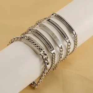 Cuban Link Bracelet Stainless Steel Rhinestone ID Tag Bar Jewelry For Men Women Polished High Gloss Minimalist