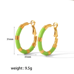 Bamboo style 31mm 18K gold plated hoop earrings with green enamel coating for women