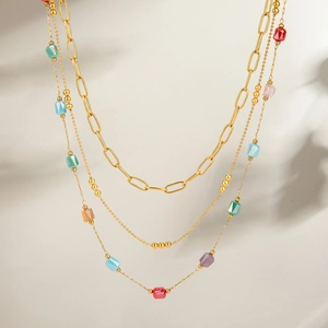 Stainless Steel Multilayer Necklace For Women With Colorful Glass Beads And Paperclip Chain Gold Plated Waterproof