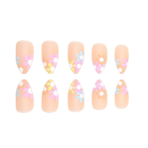 Almond-shaped floral press-on nails with colorful digital print on nude matte finish