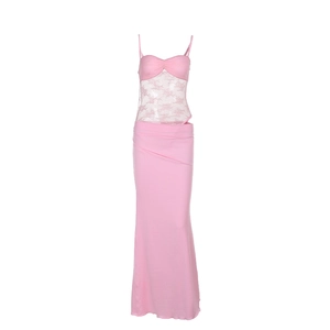 Pink sheer lace patchwork bodycon maxi dress set with spaghetti straps and high waist