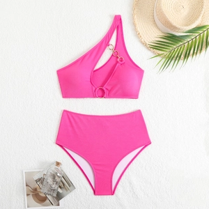 Hot pink ribbed two-piece bikini with one-shoulder hollow top and high-waisted bottoms