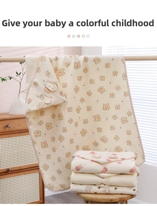 Detail view of soft cotton gauze baby hooded towels with cute cartoon animal prints