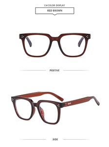Detail view of red brown retro square glasses frame showing positive and side angles