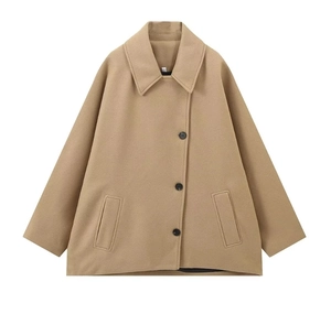 Detail view of khaki wool coat featuring classic lapels and black single-breasted buttons