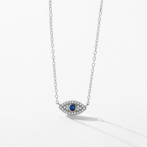 S925 sterling silver evil eye necklace with blue center stone and shimmering diamonds