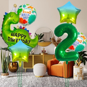 Green dinosaur theme birthday balloon set with number two and star shaped foil balloons