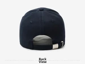 Detailed back view of a navy blue baseball cap with a metal adjustment strap buckle