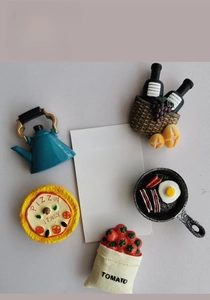 Detailed 3D food-themed resin fridge magnets including pizza, kettle and pan miniatures